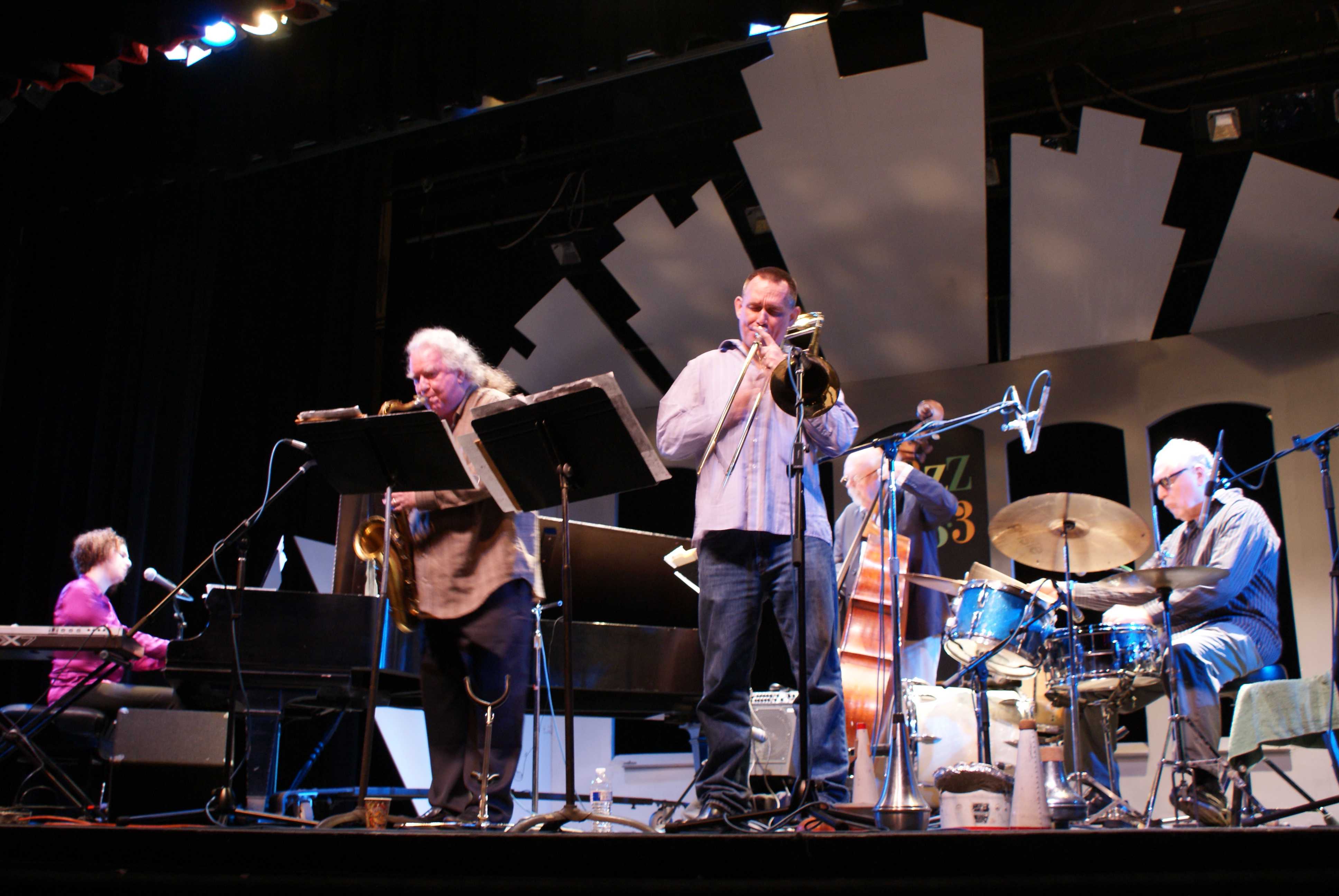 Right to left: Billy Mintz, Putter Smith, John Gross, and Roberta Piket. The Billy Mintz Band performed live on radio air at the Saville Theater on Oct. 9. Torrey Spoerer, City Times.