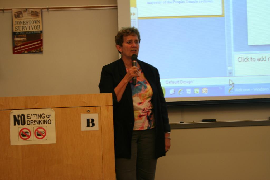 Jonestown survivor Laura Johnston Kohl spoke to an audience at City College on Oct. 29. Michelle Moran, City Times.