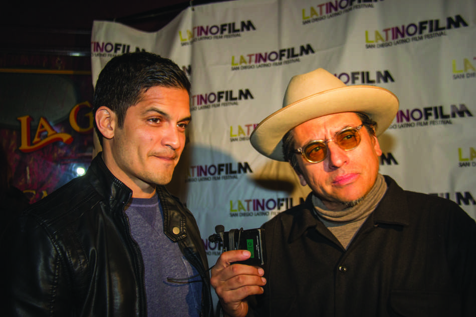 Richard Montoya, right, with actor Nick Gonzalez speaking about the film 