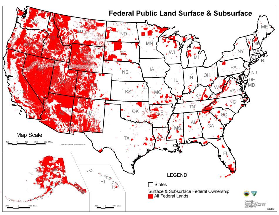 The east is mostly privately owned land, but in the west, much of what were public lands have been purchased or protected by the federal government.  (Courtesy graphic)