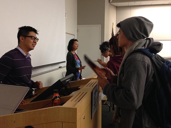 Pacific Arts Movement Artistic Director Brian Hu and student Anthony Amato discuss the line-up for the 15th Annual San Diego Asian Film Festival in V-101 on Nov. 4. Photo credit: Angelica Wallingford