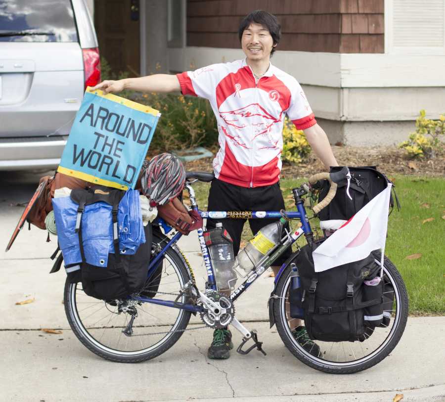 Japanese cyclist Ryohei “Rio” Oguchi, pictured Nov. 21 in Bonita, stopped in San Diego recently as part of a global journey. (Photo by Celia Jimenez)