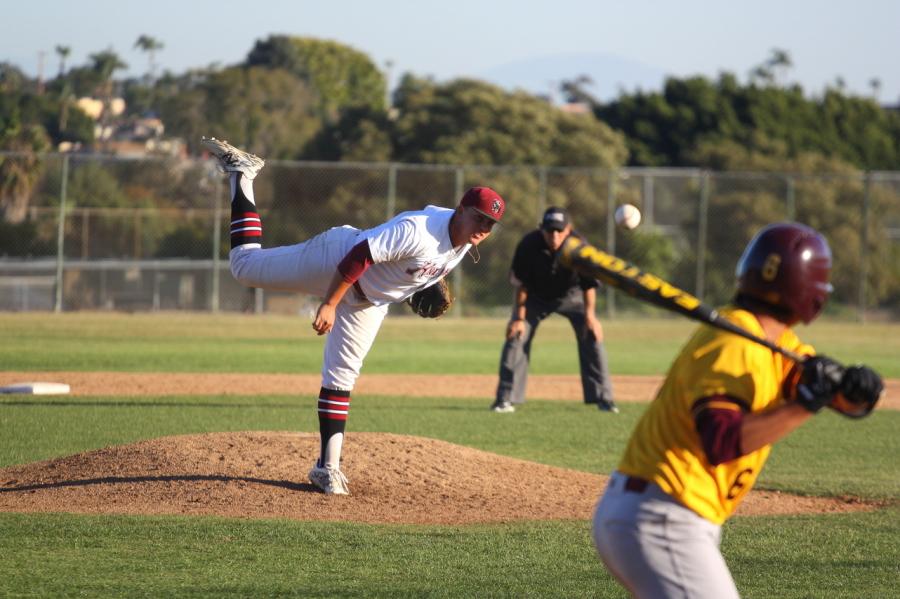 In the top of the ninth inning, Knights sophomore pitcher Kyle Peeler seals the 6-0 victory against Southwestern College by striking out Sammy Perez on Feb. 24 at Morley Field. Photo credit: David Pradel