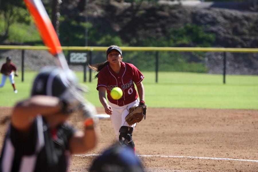 San Diego City College freshman pitcher Ivana Gonzalez sends a pitch down the middle for the strike against a batter from Long Beach City College. The Knights went on to win 2-0 on Feb. 7 at the Betty Hock Softball Field. Photo credit: David Pradel