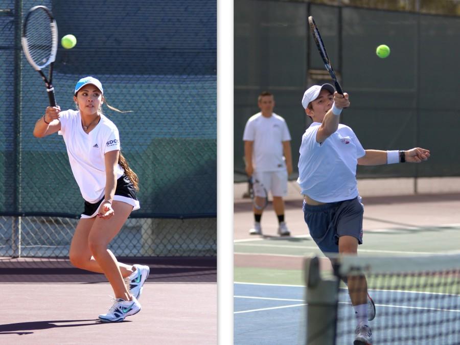 San Diego City College Knights freshmen tennis players Lily Yamauchi (left) and Logan Rinder (right) both reach for the ball during home matches on March 12  and 17, respectively against Palomar College at the SDCC Tennis Courts. Photo credit: David Pradel
