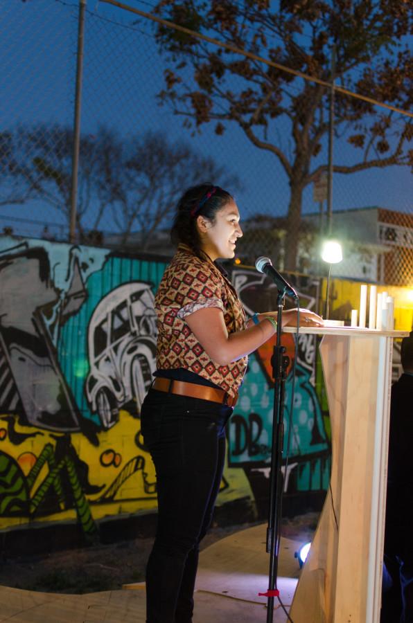 Student Jesimarie Rodriguez recites a written monologue at VAMP on March 26 along with eight other students. Photo credit: Richard Lomibao