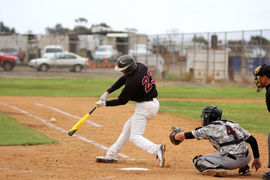 Freshman outfielder Tyler Flores hits the ball in the bottom of the third inning against Mt. San Jacinto College on April 24 where the Knights got the 6-3 victory against the Eagles in the final game of the season. Photo credit: David Pradel