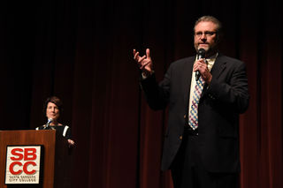 President Anthony Beebe speaks at a forum April 25 at Santa Barbara City College. Hes one of five finalists to become president there.  Photo credit: Ryan Cullom SBCC The Channels