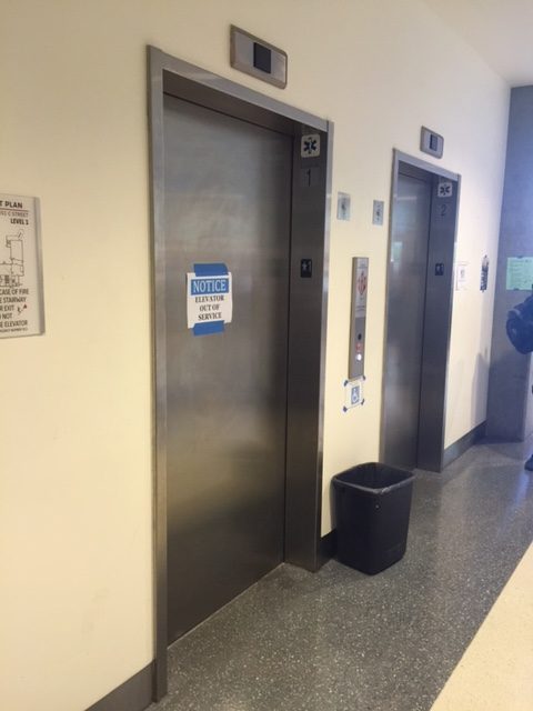 The two elevators in the MS Building that lead to the classrooms and offices.