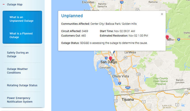 Screen Shoot of the Outage Map from the SDG&E website reporting the unplanned outage that happened at City College and surroundings areas. 