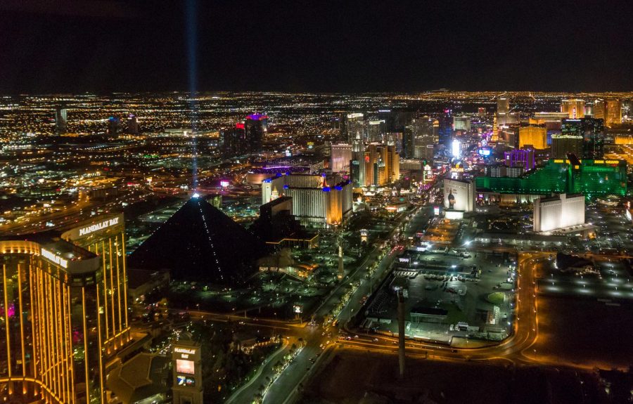 Terror in Las Vegas as Stephen Paddock, 64, kills 59 and injures over 500 concert goers on Oct. 1, 2017. 2016 view of the strip showing the Mandalay Bay and the car park where the Route 91 Harvest Music Festival was taking place - FILE.
