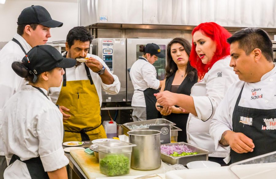 Chefs Claudia Sandoval, who won the 6th season of Fox’s cooking show MasterChef, and Javier Plascencia, who has placed Tijuana on the culinary map, mentored the culinary students, as the students prepared their own dishes on the first night of the Borderless Dine & Wine event.
