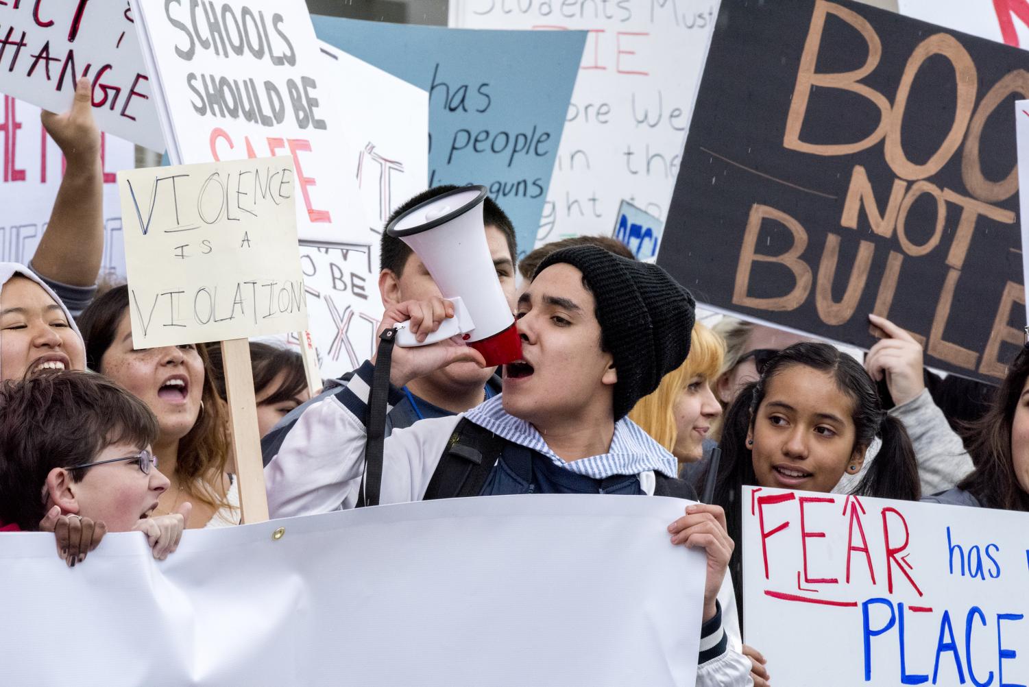 Joel Rodriguez, an 18 year old student leader at Prospect High School,  leads the crowd in calling for gun reform during the March for Our Lives event in San Jose, California on March 24, 2018. By Heather Wied/ City Times