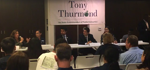 Tony Thurmond speaks in town hall meeting.