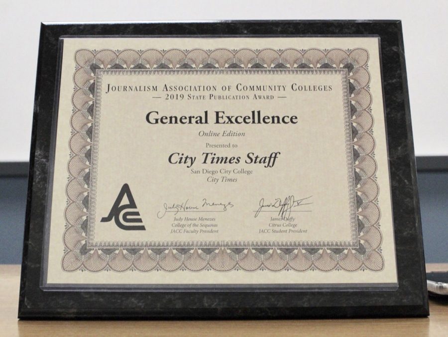 General Excellence award certificate to the City Times staff by JACC