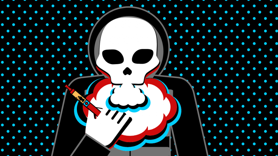 A graphic of a skull vaping