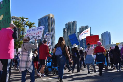 Women marching with the Downton San Diego skyline in the back.