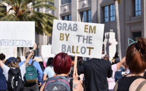 Women with black and red hair that holds a silver and golden sign that reads "Grab em by the ballot"