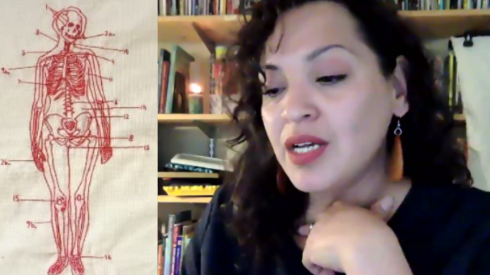 Laurie Ann Guerrero, Texas Poet Laureatte, reads Atlas, a poem from a current project entitled Redwork, in which each poem is also represented as an embroidery piece done in the redwork style. Zoom screenshots 
