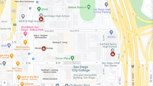 In-person classes for students at three downtown high schools -- San Diego High School, East Village Middle College High School and Garfield High School -- were moved online Tuesday due to police activity in the area. Google Maps screenshot