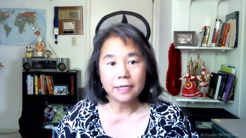 Susan Hasegawa, history professor and SAMAFILA club advisor, leads a discussion in a virtual event for AAPI Heritage Month. Screenshot from Zoom