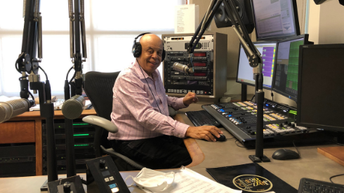 Roh Dhanifu, a veteran KSDS-FM Jazz station on-air host has been broadcasting live from the studio at San Diego City College since February 2021. Photo by Katia Pechenkina