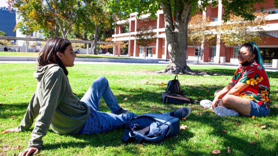 Two students relax under a tree in City Colleges Curran Plaza