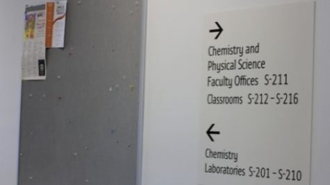 Second floor direction placard inside S-Building at City College Campus.