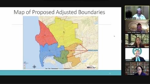 A slide from the SDCCD redistricting subcommittee meeting shows a map with arrows indicating the three proposed adjusted boundaries under consideration. Zoom screenshot