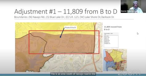 A map shows the first proposed adjustment area discussed at the SDCCD redistricting meeting, moving residents in San Carlos from Area B to Area D. Youtube screenshot