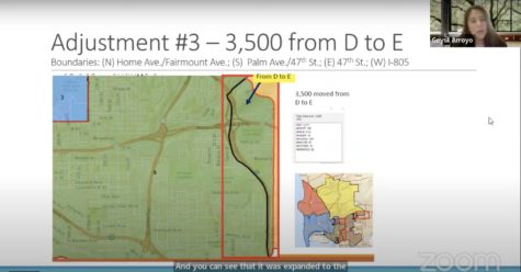 A map shows the third proposed adjustment area discussed at the SDCCD redistricting meeting, moving residents near Chollas View from Area D to Area E. Youtube screenshot