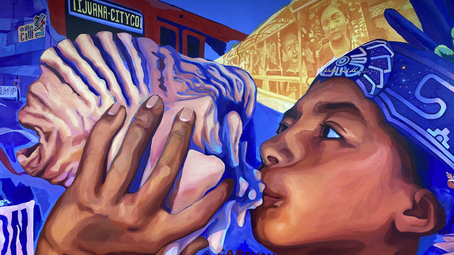 A portion of the mural on the cafeteria wall at City College with a girl blowing into a large conch shell