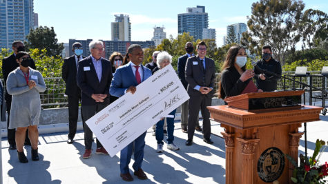 City student Jeannette Mayo Gallegos, flanked by faculty and administration officials including City president Ricky Shabazz, and San Diego Community College District Chancellor Carlos Cortez, receives a $55,000 Jack Kent Cooke scholarship at Tuesdays ceremony. City College Flickr