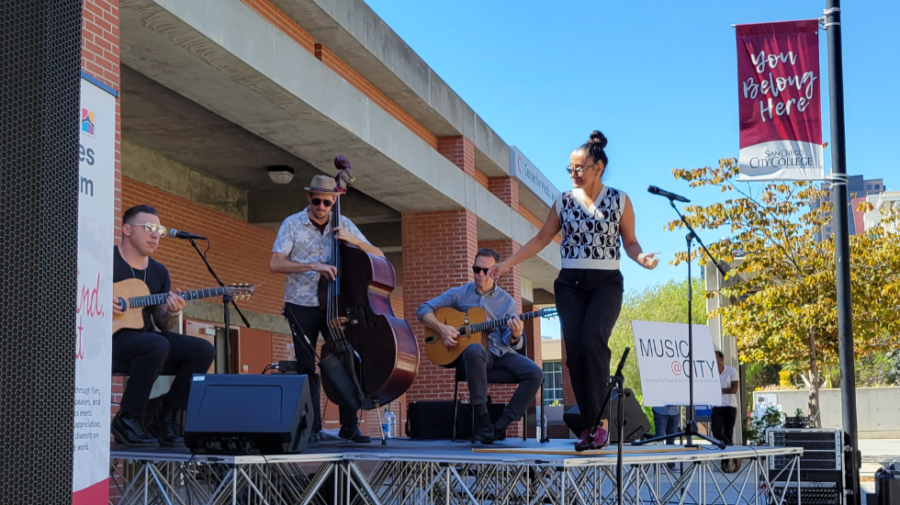 Trio Gadjo performs jazz with tap dancer Claudia Gomez at San Diego City College, Tuesday, Oct. 19, 2022