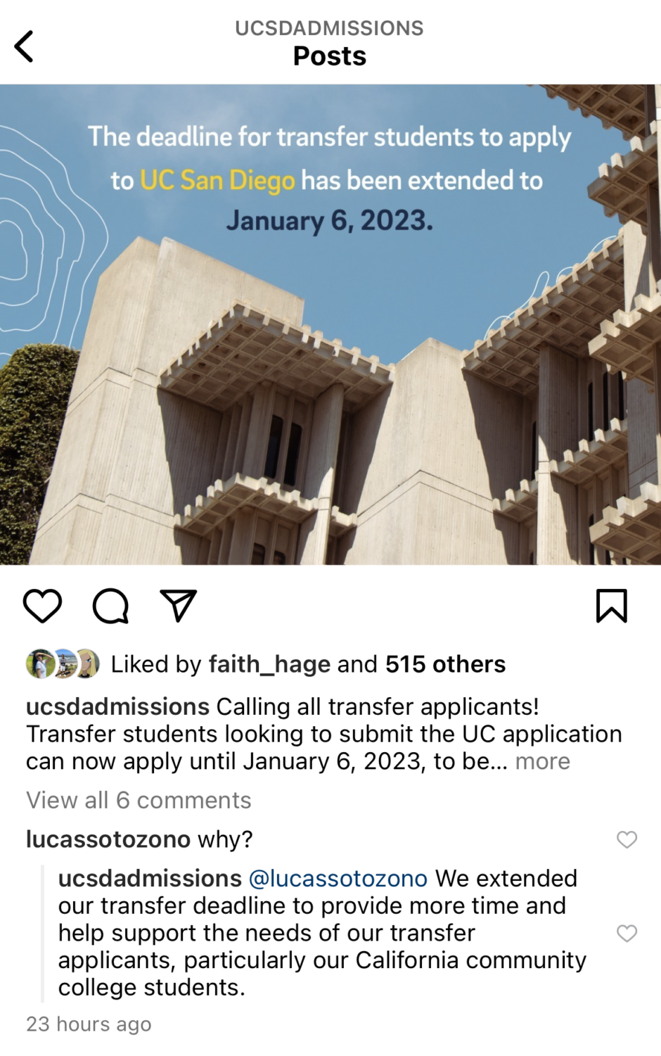 UCSD Instagram comment
