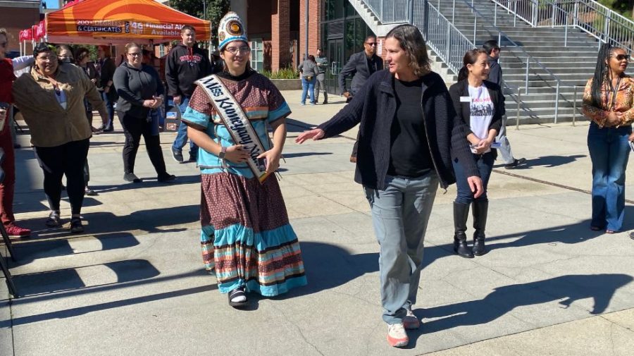 San Diego City College Professor of Fine Art Terri Hughes-Oelrich guides Miss Kumeyaay Nation 2022-2023 Priscilla Ortiz Lachappa and the crowd to view murals in the AH drive through parking garage on Jan 31, 2023. Photo by Susana Serrano/City Times