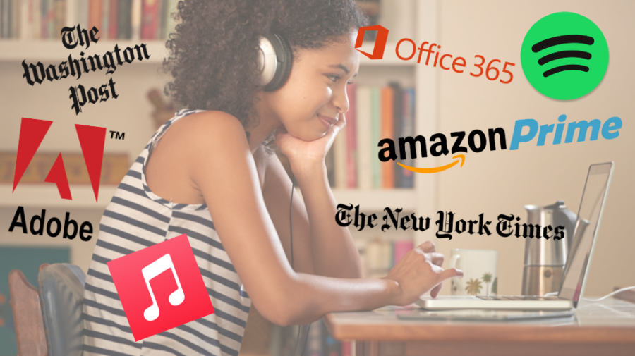 The logos of Spotify, Apple Music, Amazon Prime, Adobe, Washington Post, New York Times and Office 365 layed over an image of a female college student studying on her laptop. Illustration by Sean Monney