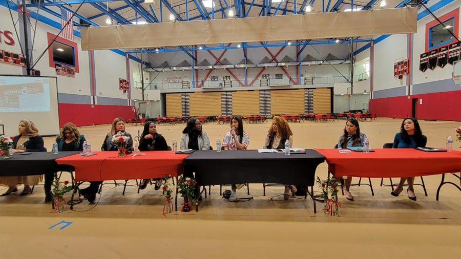 The panel of women for the 7th annual San Diego City College City Women Rock Conference engages with attendees. From left to right the panelists are Zaira Martinez, Geena Aguilar, Jazmi Morales, Rachel Hastings, Mercedes Tiggs, Melannie Asceves, Dannielle Stephan, Juliana Anthony-Hernandez and Mitchelle Woodson on March 8, 2023. Photo taken by Shamere Grimes 
