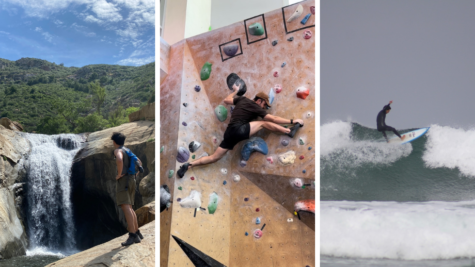 Purnell Strom, left, stands in front of Three Sister Falls in the Cleveland National Forrest, May 15, 2023. Domenic Gabrielli, center, climbs at the Student Life Center at the University of Utah, December 20, 2023. Joshua Biggs, right, surfs at Scripps Pier, May 12, 2023. Photos by Sean Monney/City Times Media