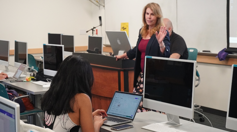 RTVF faculty Jodina Scazzola, center, talks to a student in audio production class at San Diego City College, May 26, 2023. Photo by Marco Guajardo/City Times Media