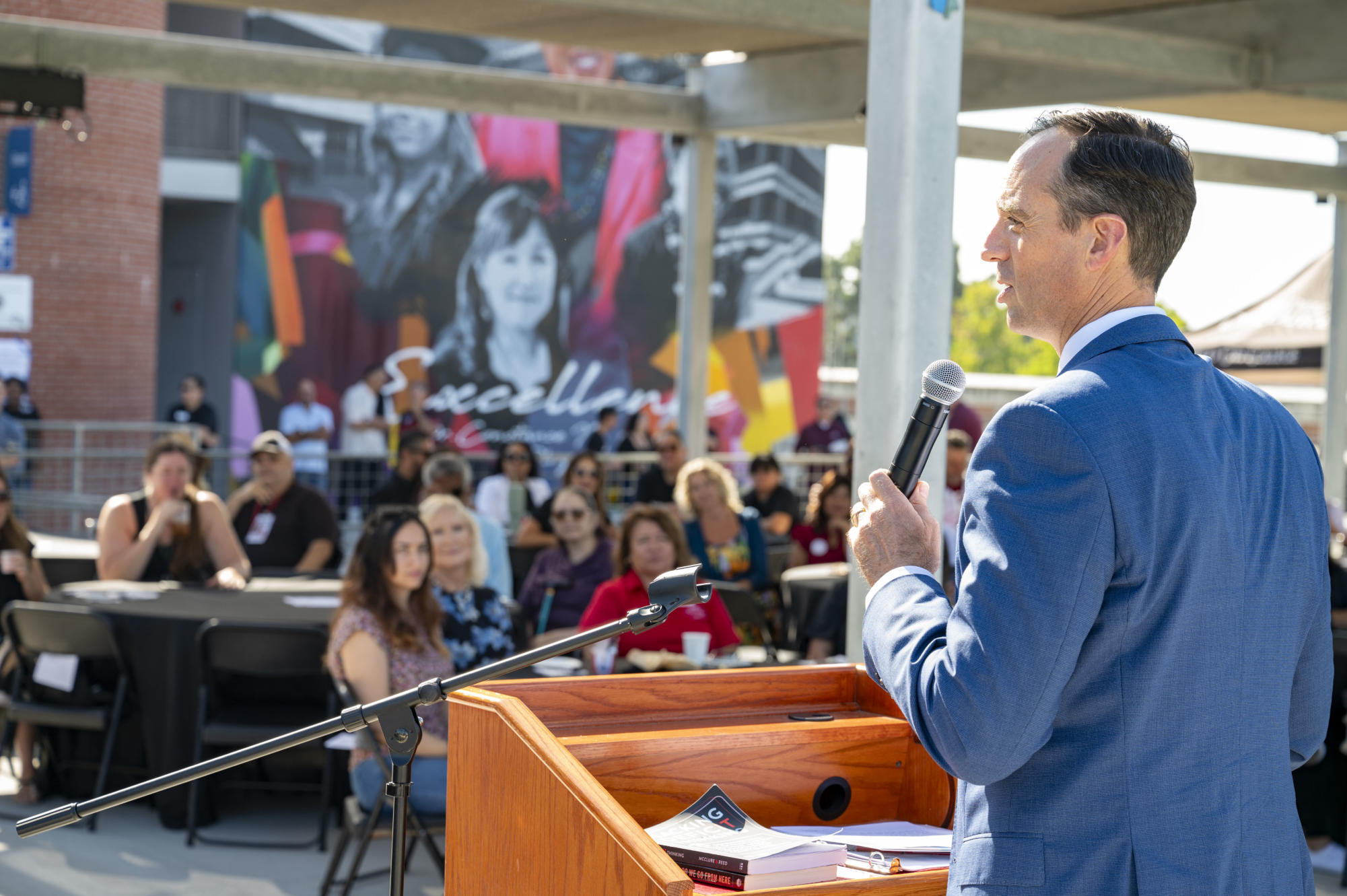 SDCCD Acting Chancellor Greg Smith gives an address at the San Diego City College convocation gathering, August 17, 2023. Photo courtesy of San Diego City College Flickr
