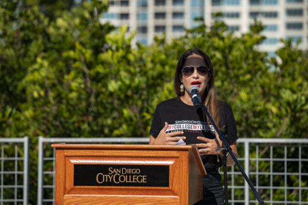 Academic Senate President Maria Jose Zeledon-Perez speaks at Fall Convocation, August 17, 2023. Zeledon-Perez is actively recruiting faculty to serve as senators in the Academic Senate. Photo courtesy of San Diego City College Flickr
