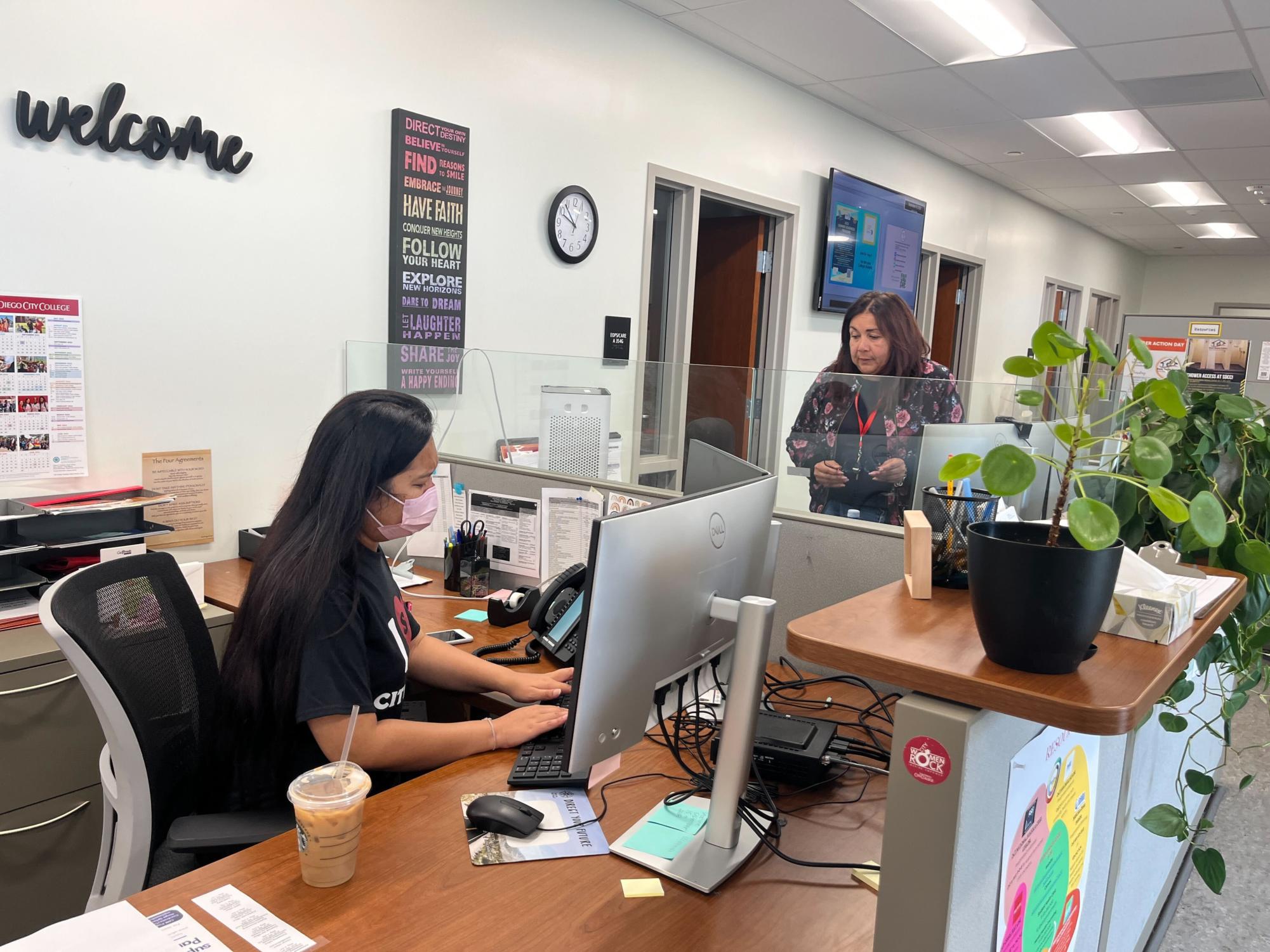 Nancy Tong, left, talks with Marian Rodriguez, right, in the Extended Opportunity Programs and Services (EOPS) office, Sept. 13, 2023. Photo by Ren Charifa/City Times Media
