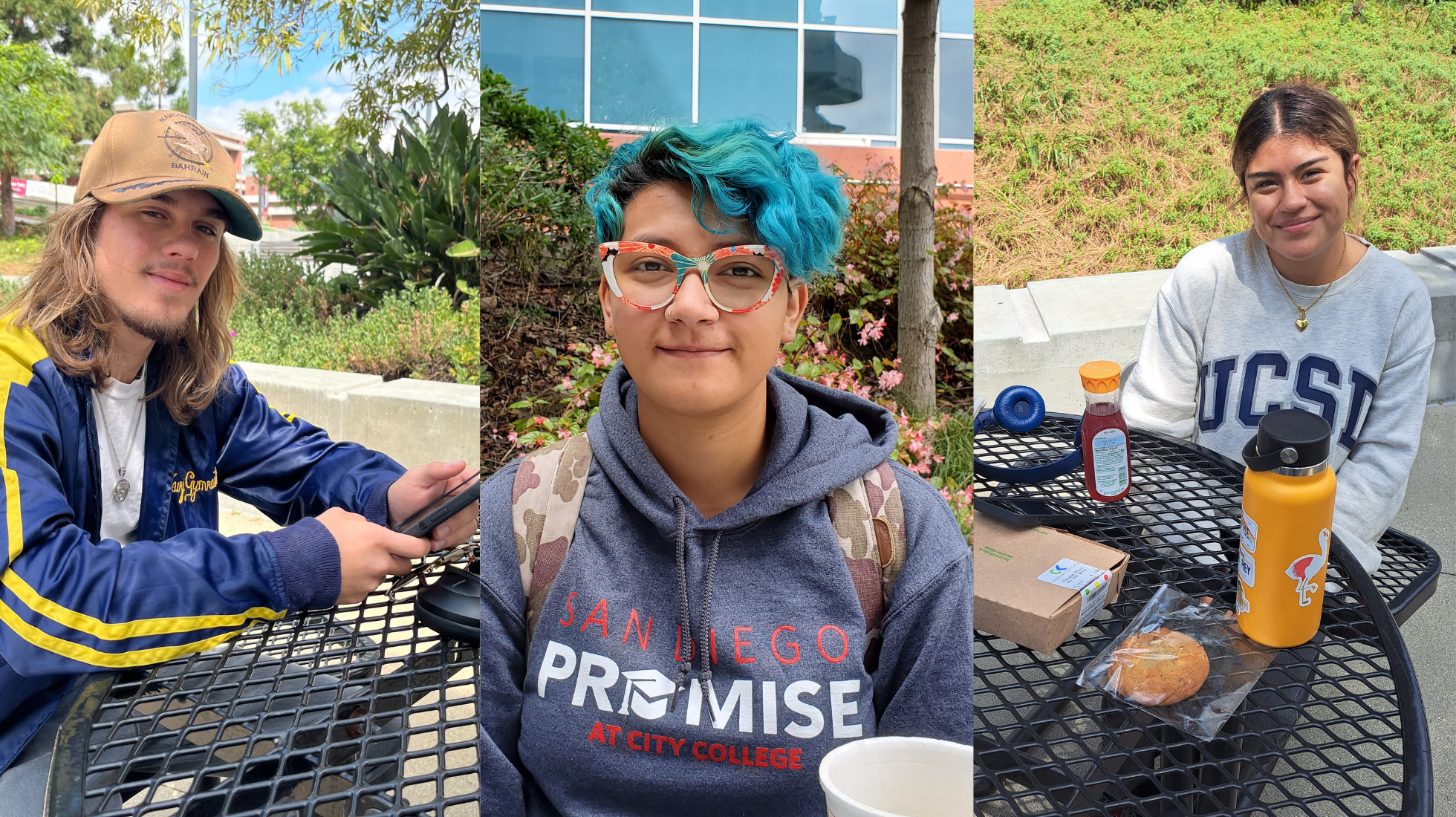 San Diego City College students Orion Bailey, left, Maya Guitierrez, middle, and Haily Cameros, right, were among those who shared their thoughts on the on-campus affordable housing project. City Times staff photos