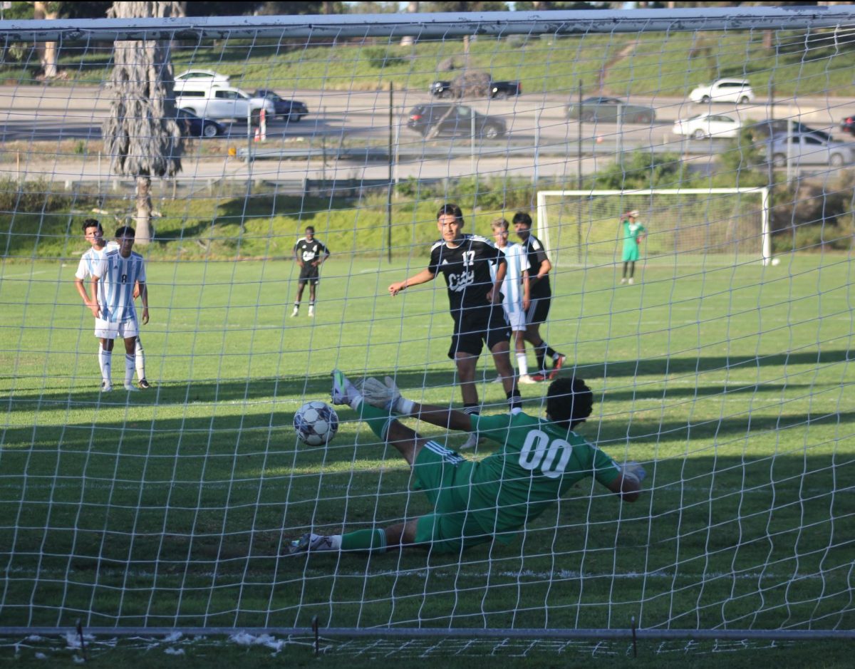 Isaac Velazquez (17) watches his 86th-minute penalty shot fly past Cuyamaca goalie Pablo Torres (00) in the City College men’s soccer game at home, Oct. 27, 2023. Photo by Sean Monney/City Times Media