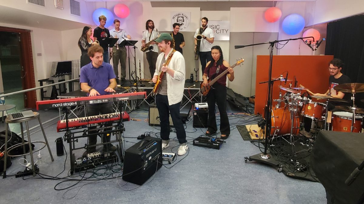Starsign, led by Joel McCollough, left foreground, performs original jazz fusion compositions on “Live from the Studio” in the City College Recording Studio, Oct. 18, 2023. Photo by Vince Outlaw/City Times Media