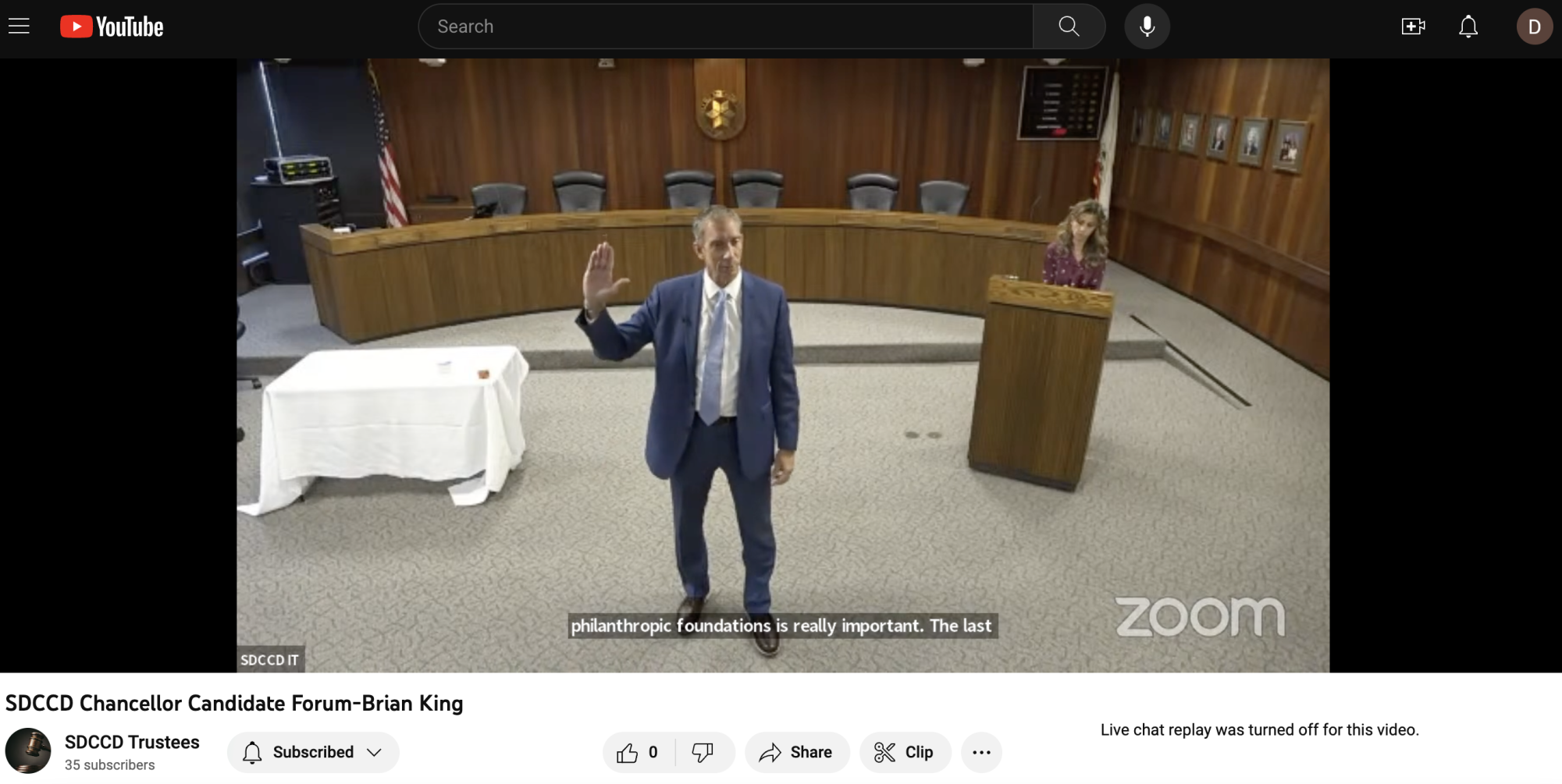 Screen shot of hybrid public forum interview with SDCCD chancellor finalist Brian King, November 27, 2023.