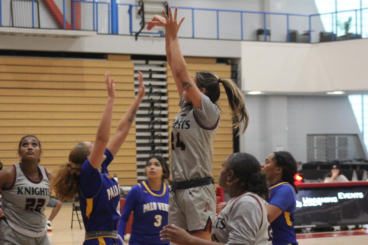 City College’s 6-foot sophomore forward Cerina Nguyen shoots over Palo Verde’s Taleaa Knox during their game at Harry West Gym, Dec. 5, 2023. Nguyen was awarded Most Valuable Player after their Knights Invitational tournament victory on Nov. 18. Photo by Sean Monney/City Times Media