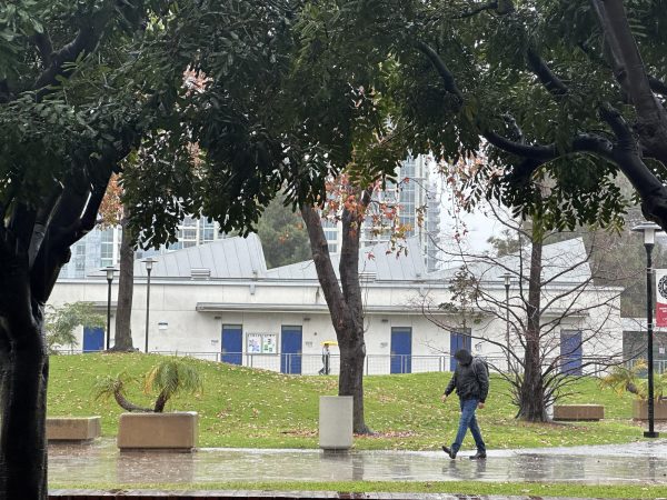 An unidentified San Diego City College student walks through Gorton Quad during the first of two storms that will hit San Diego beginning Thursday, February 01, 2024. Photo by Bailey Kohnen/City Times Media