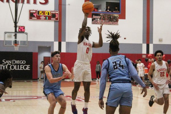 KJay Bradley (0) goes up for a shot during first-half action against MiraCosta College at Harry West Gym, Friday, Feb. 23, 2024. Photo by Danny Straus/City Times Media 